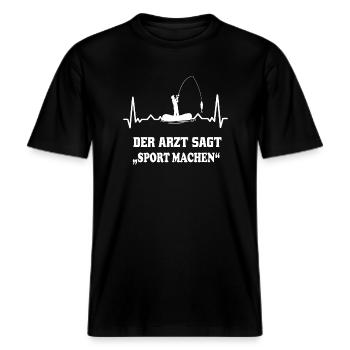 Angler Herzschlag , Angelshirt -  RELAXED FIT Unisex Organic T-Shirt - Schwarz - Vorne - Alina (178cm) & Michal (187cm)