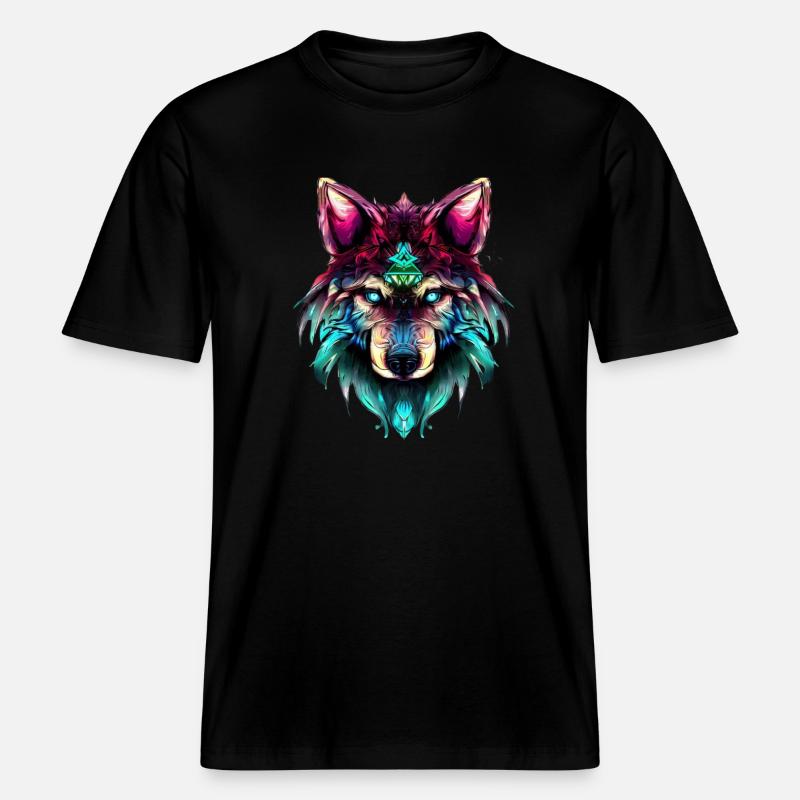 Mystic Wolf Synthwave Wolf Head -  T-shirt unisexe RELAXED FIT en coton bio - noir