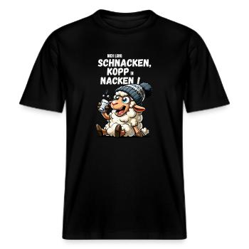 Schaf Trinken Norden Hamburg Schnaps JGA Vatertag -  RELAXED FIT Unisex Organic T-Shirt - Schwarz - Vorne - Alina (178cm) & Michal (187cm)