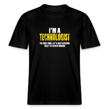 Technologe Lustig Spruch Beruf Kollegen Geschenk -  RELAXED FIT Unisex Organic T-Shirt - Schwarz - Vorne - Alina (178cm) & Michal (187cm)