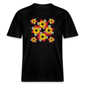 Sonnenblumen Blüte rote Blume blumig Margeriten -  RELAXED FIT Unisex Organic T-Shirt - Schwarz - Vorne - Alina (178cm) & Michal (187cm)