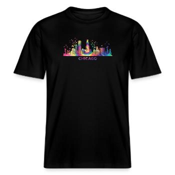 Chicagoan Watercolor Skyline Chicago -  RELAXED FIT Unisex Organic T-Shirt - black - Front - Alina (178cm) & Michal (187cm)