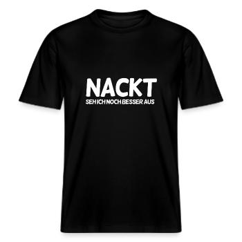 Lustiger Spruch -  RELAXED FIT Unisex Organic T-Shirt - Schwarz - Vorne - Alina (178cm) & Michal (187cm)