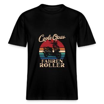 Coole Opas fahren Roller Retro Großvater -  RELAXED FIT Unisex Organic T-Shirt - Schwarz - Vorne - Alina (178cm) & Michal (187cm)