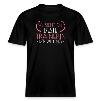 Beste Trainerin der Welt Trainerin Geschenk -  RELAXED FIT Unisex Organic T-Shirt - Schwarz - Vorne - Alina (178cm) & Michal (187cm)
