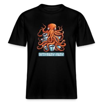 Unisex Tshirt Coffee Lover | Octopus Brew Crew -  RELAXED FIT Unisex Organic T-Shirt - Schwarz - Vorne - Alina (178cm) & Michal (187cm)