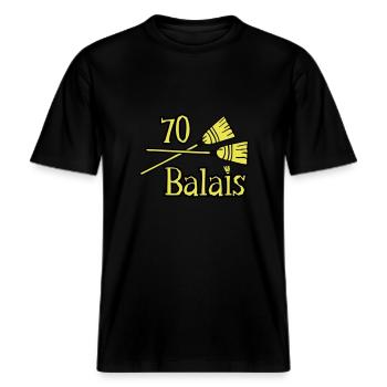 70 years brooms -  RELAXED FIT Unisex Organic T-Shirt - black - Front - Alina (178cm) & Michal (187cm)
