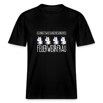 FEUERWEHRFRAU - Toll -  RELAXED FIT Unisex Organic T-Shirt - Schwarz - Vorne - Alina (178cm) & Michal (187cm)