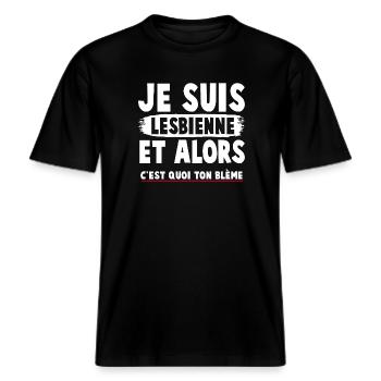 T-shirt féministe humoristique à message engagé -  T-shirt unisexe RELAXED FIT en coton bio - noir - Devant - Alina (178cm) & Michal (187cm)