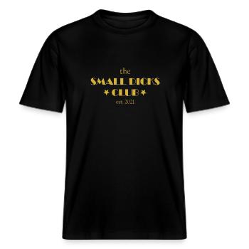 Small Dicks Club Jahr 2021 Penis Party Geschenk -  RELAXED FIT Unisex Organic T-Shirt - Schwarz - Vorne - Alina (178cm) & Michal (187cm)