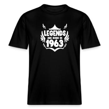 1963 - Jahrgang 1963 - Geburtsjahr 1963 -  RELAXED FIT Unisex Organic T-Shirt - Schwarz - Vorne - Alina (178cm) & Michal (187cm)