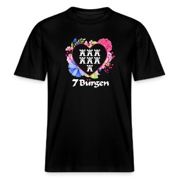 Siebenbürger Wappen mit Blumen Herz weiße Schrift -  RELAXED FIT Unisex Organic T-Shirt - Schwarz - Vorne - Alina (178cm) & Michal (187cm)