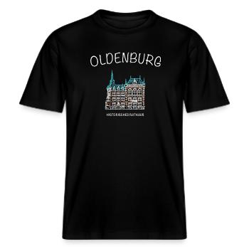 Oldenburg, Historisches Rathaus, Niedersachsen -  RELAXED FIT Unisex Organic T-Shirt - Schwarz - Vorne - Alina (178cm) & Michal (187cm)
