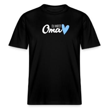 Oma Geschenk - Du wirst Oma - werdende Oma -  RELAXED FIT Unisex Organic T-Shirt - Schwarz - Vorne - Alina (178cm) & Michal (187cm)