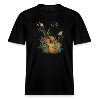 Guitare dans l’herbe avec des oiseaux -  T-shirt unisexe RELAXED FIT en coton bio - noir - Devant - Alina (178cm) & Michal (187cm)