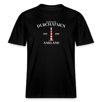 Ameland, Einfach mal Durchatmen, Zeichnung -  RELAXED FIT Unisex Organic T-Shirt - Schwarz - Vorne - Alina (178cm) & Michal (187cm)