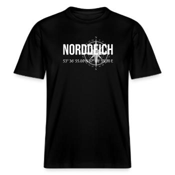 Koordinaten Norddeich -  RELAXED FIT Unisex Organic T-Shirt - Schwarz - Vorne - Alina (178cm) & Michal (187cm)