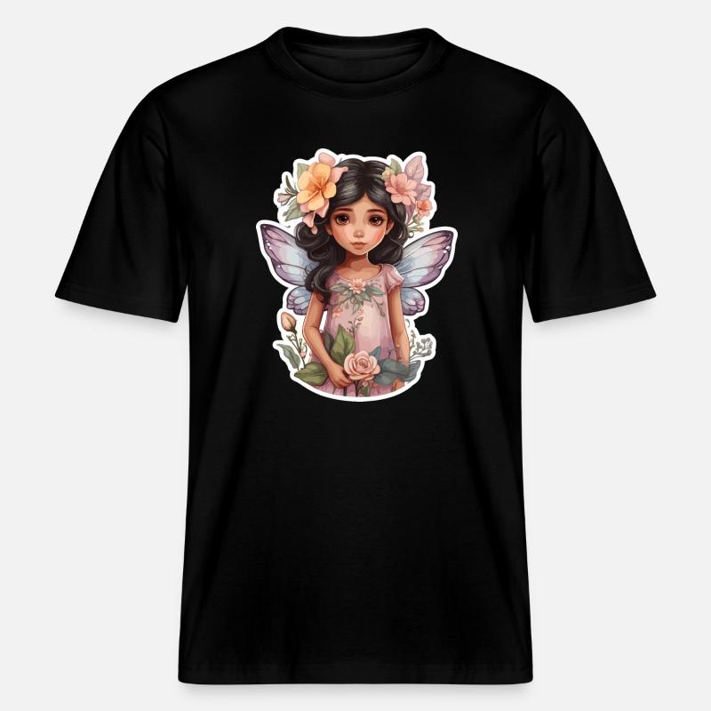 Petite fée avec des fleurs -  T-shirt unisexe RELAXED FIT en coton bio - noir