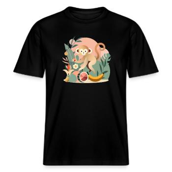 Verspielter Affe mit tropischen Früchten -  RELAXED FIT Unisex Organic T-Shirt - Schwarz - Vorne - Alina (178cm) & Michal (187cm)