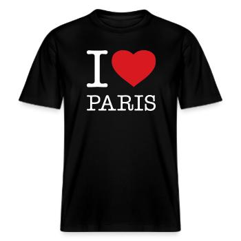I LOVE PARIS -  RELAXED FIT Unisex Organic T-Shirt - Schwarz - Vorne - Alina (178cm) & Michal (187cm)