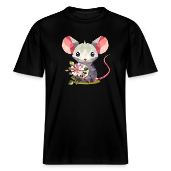 Maus mit Heckenrose – süßes Kinder-Motiv -  RELAXED FIT Unisex Organic T-Shirt - Schwarz - Vorne - Alina (178cm) & Michal (187cm)