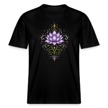 Ornamentale Lotusblüte in Violett & Grün -  RELAXED FIT Unisex Organic T-Shirt - Schwarz - Vorne - Alina (178cm) & Michal (187cm)
