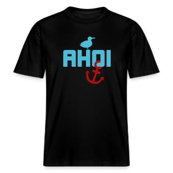 Ahoi Möwe Anker Urlaub Meer Nordsee Sommer Strand -  RELAXED FIT Unisex Organic T-Shirt - Schwarz - Vorne - Alina (178cm) & Michal (187cm)