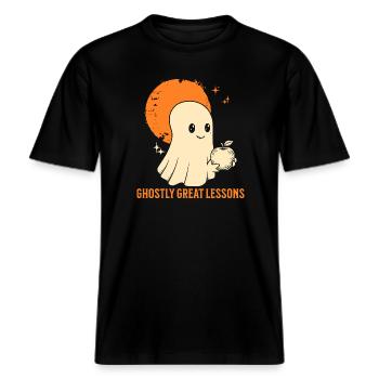 Funny Teacher Skeleton Halloween Classroom -  RELAXED FIT Unisex Organic T-Shirt - black - Front - Alina (178cm) & Michal (187cm)