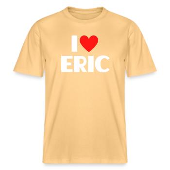 I love Eric Rotes Herz Romantischer Name Fan -  RELAXED FIT Unisex Organic T-Shirt - Hellgelb - Vorne - Alina (178cm) & Michal (187cm)
