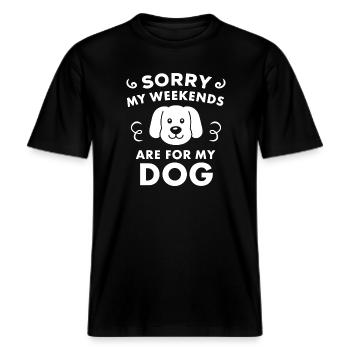 Sorry meine Wochenenden gehören meinem Hund -  RELAXED FIT Unisex Organic T-Shirt - Schwarz - Vorne - Alina (178cm) & Michal (187cm)