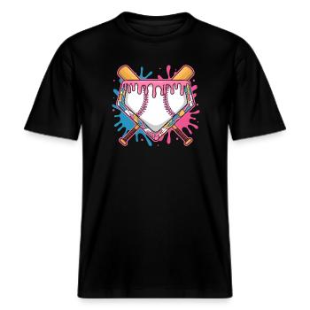 Baseball Homeplate Mit Pinkem Zuckerguss Und Bat -  RELAXED FIT Unisex Organic T-Shirt - Schwarz - Vorne - Alina (178cm) & Michal (187cm)