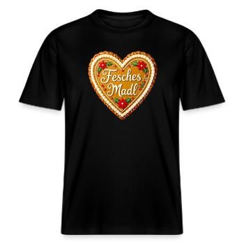 Fesches Madl Lebkuchenherz Bayern Tracht Volksfest -  RELAXED FIT Unisex Organic T-Shirt - Schwarz - Vorne - Alina (178cm) & Michal (187cm)