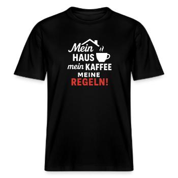 Mein Haus, mein Kaffee, meine Regeln! -  RELAXED FIT Unisex Organic T-Shirt - Schwarz - Vorne - Alina (178cm) & Michal (187cm)