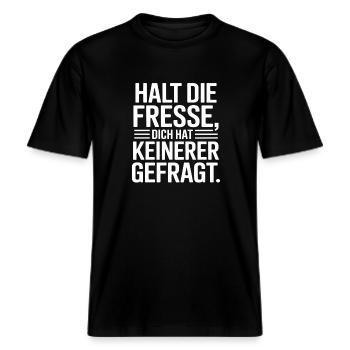 Halt Die Fresse Dich Hat Keiner Gefragt Lustige -  RELAXED FIT Unisex Organic T-Shirt - Schwarz - Vorne - Alina (178cm) & Michal (187cm)