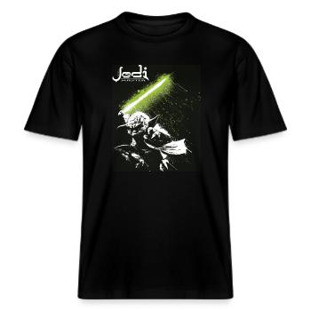 Star Wars Meister Yoda Mit Grünem Lichtschwert -  RELAXED FIT Unisex Organic T-Shirt - Schwarz - Vorne - Alina (178cm) & Michal (187cm)