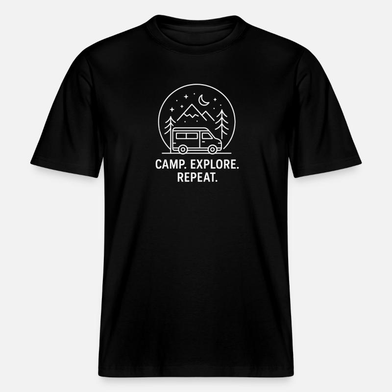 Soirée Vanlife : Camp Explorer, Recommencer - T-shirt unisexe RELAXED FIT en coton bio - noir