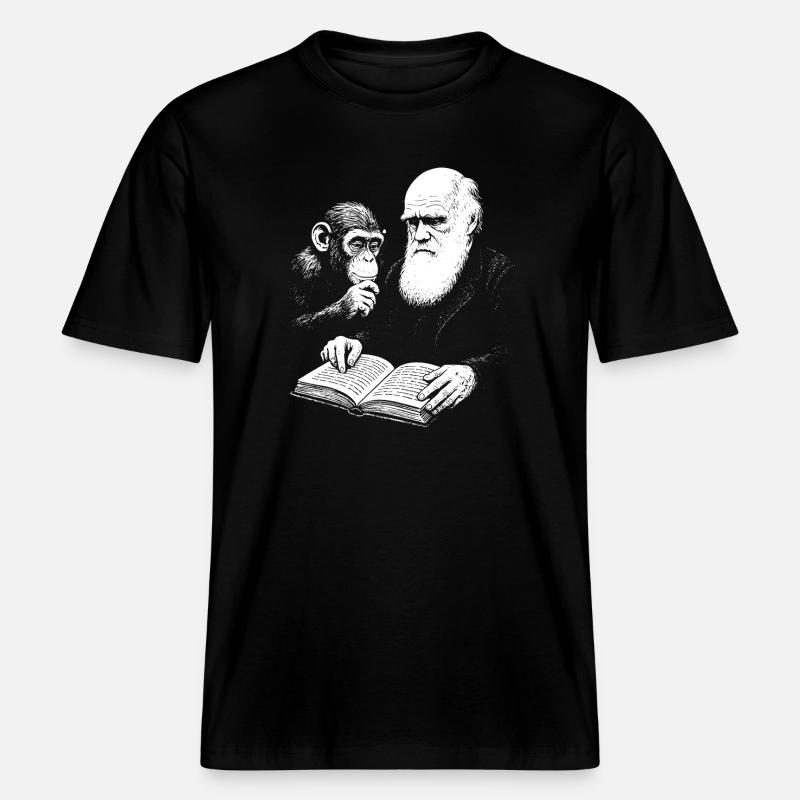 Charles Darwin studying with Monkey  -  RELAXED FIT Unisex Organic T-Shirt - black