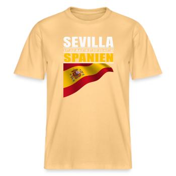 Séville -  T-shirt unisexe RELAXED FIT en coton bio - jaune délavé - Devant - Alina (178cm) & Michal (187cm)