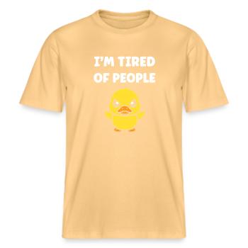 Verschlafene Ente erschöpft die Leute -  RELAXED FIT Unisex Organic T-Shirt - Hellgelb - Vorne - Alina (178cm) & Michal (187cm)