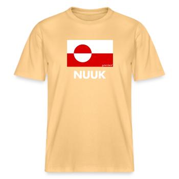 Greenland Flag - Nuuk - Grönland - Denmark -  RELAXED FIT Unisex Organic T-Shirt - Hellgelb - Vorne - Alina (178cm) & Michal (187cm)