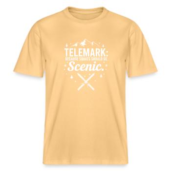 Telemark Ski Funny Scenic Squats -  RELAXED FIT Unisex Organic T-Shirt - washed yellow - Front - Alina (178cm) & Michal (187cm)