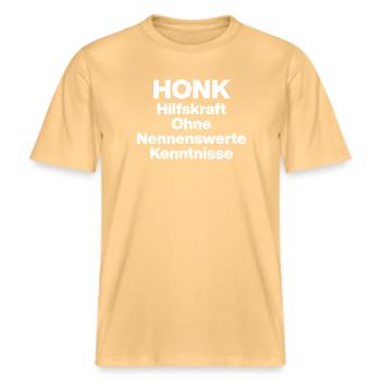 HONK HILFSKRANK OHNE NERWERT KENNISSE. SARKASMUS  -  RELAXED FIT Unisex Organic T-Shirt - Hellgelb - Vorne - Alina (178cm) & Michal (187cm)