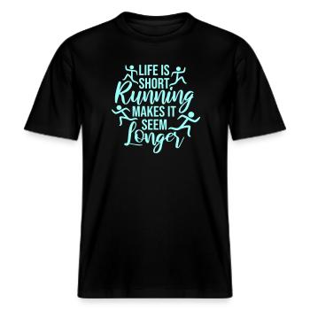 Life Is Short Running Makes It Seem Longer Funny -  RELAXED FIT Unisex Organic T-Shirt - black - Front - Alina (178cm) & Michal (187cm)