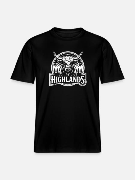 Highlands Kuh mit Berglandschaft - RELAXED FIT Unisex Organic T-Shirt - Schwarz
