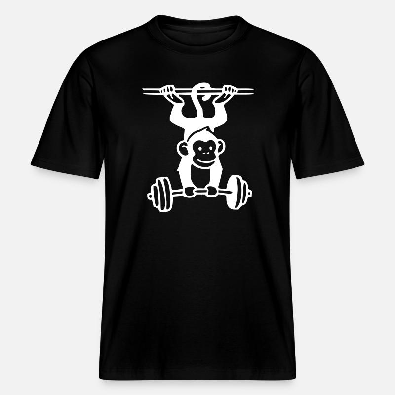 Primate Power - Monkey Weightlifting (White) -  RELAXED FIT Unisex Organic T-Shirt - black