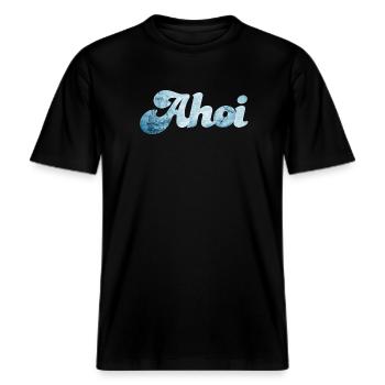 Schiff Ahoi Meer Ozean Schnörkelschrift maritim -  RELAXED FIT Unisex Organic T-Shirt - Schwarz - Vorne - Alina (178cm) & Michal (187cm)