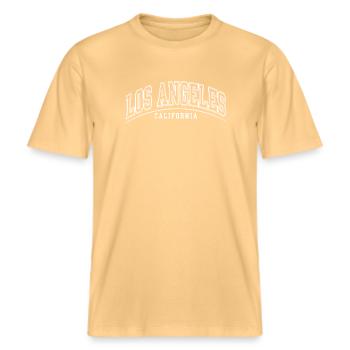 Lettrage universitaire de Los Angeles -  T-shirt unisexe RELAXED FIT en coton bio - jaune délavé - Devant - Alina (178cm) & Michal (187cm)