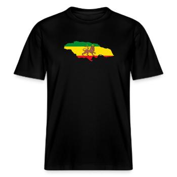 Lion of Judah Jamaica Rasta Flag Map of Jamaica -  RELAXED FIT Unisex Organic T-Shirt - Schwarz - Vorne - Alina (178cm) & Michal (187cm)