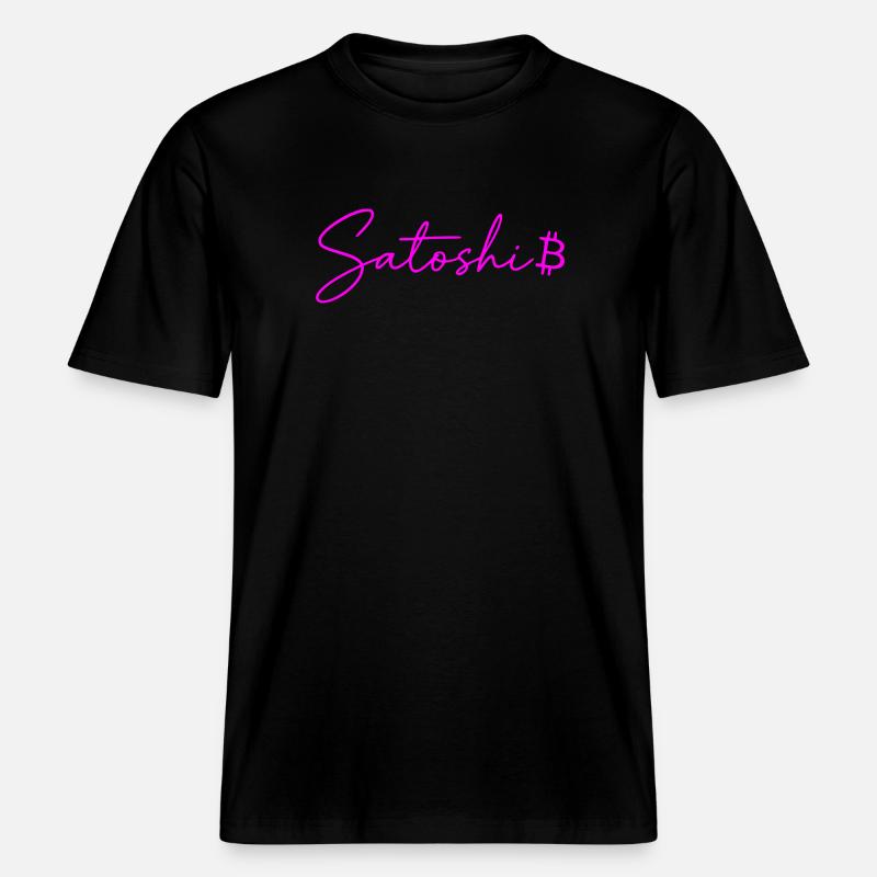 Satoshi Neon Lettering Bitcoin Script Pink - RELAXED FIT Unisex Organic T-Shirt - black