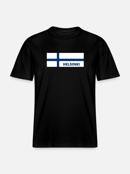 Helsinki City in Finnish Flag -  RELAXED FIT Unisex Organic T-Shirt - black